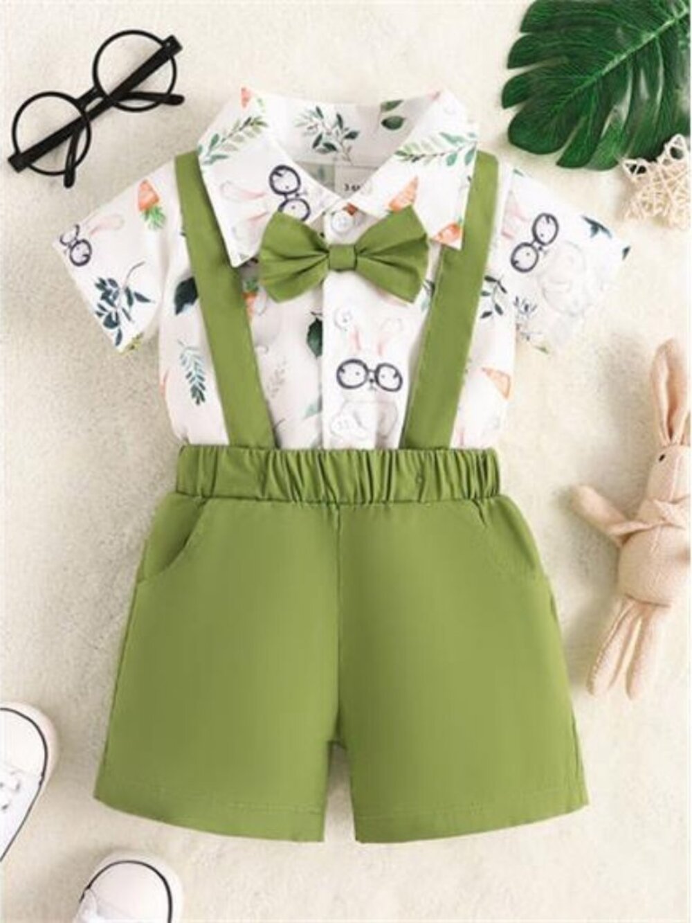 Children's Bunny Print Shirt with Suspender Shorts Set